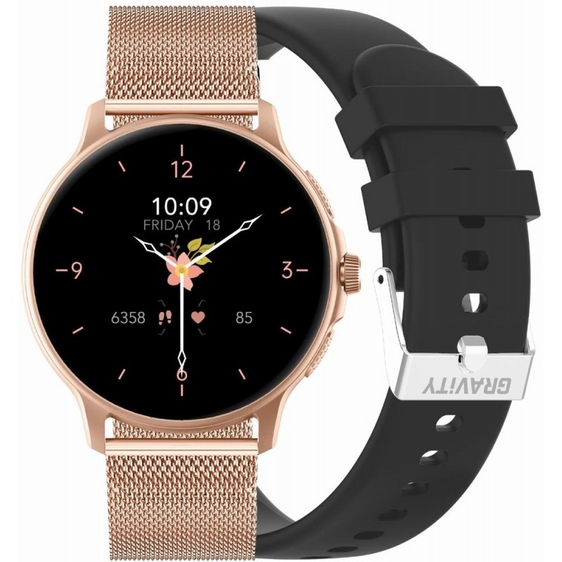 Smartwatch Damski GRAVITY GT12-4 Czarny Pasek Silikonowy + Bransoleta Różowe Złoto