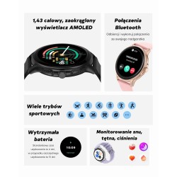 Smartwatch Damski GRAVITY GT12-7 Czarny Pasek Silikonowy + Srebrna Bransoleta